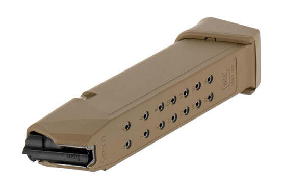Glock coyote 19-round G19x handgun mag for 9x19mm ammo has hardened steel feed lips and polymer body